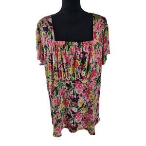 CATO Women's Floral Blouse Polyester 3X Pink Yellow Green Casual Summer